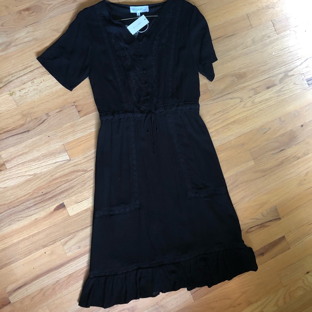 Embroidered Black Dress with Lace Detail